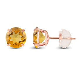 14K Solid Rose Gold 4mm Round Natural Citrine November Birthstone Prong Set Stud Earrings For Women