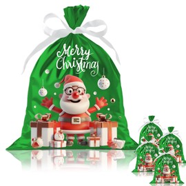 39 * 51cm Large Size Xmas Gift Bags, QRTDXP 4pcs Christmas Drawstring Reusable Green Wrapping Bags with Cute Santa Claus for Xmas Present