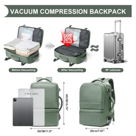 bergsalz Vacuum Backpack Travel with Pump Vacuum Travel Backpack Carry On Flight Approved Frontier Spirit Airlines Personal Item Bag 18x14x8 Compression Carry On Luggage for Women Men Army Green