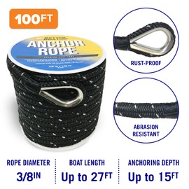 Premium Anchor Rope Double Braided Boat Anchor Line 100 ft Black Marine Grade 3/8 Rope