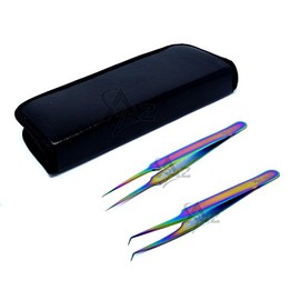 SET OF 2 Stainless Steel Multi Titanium Rainbow Color Jeweler Style Tweezers #5 + #8A (A2Z)