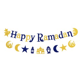 Ramadan Blue-Gold Party-Decorations Wall-Window Banners - 2pcs Islamic Bakra Eid Umrah Mubarak Home Decor Paper Streamers, Moon Star Lantern Muslim Hanging Backdrop Lasting Surprise