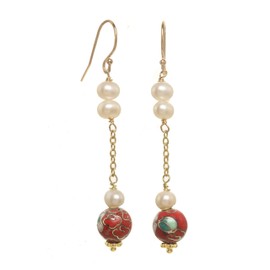 14k Gold-filled Fishhook Earrings with White Cultured Freshwater (4.5-5mm) Potato Pearls and Red Cloisonne Drops for Women, Trendy Pearl Jewelry