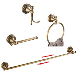 BATHSIR Antique Brass Towel Bar Set, Adjustable Bathroom Accessories Include Expandable Towel Holder Toilet Paper Holder Towel Ring Robe Hook Retro Carved Style Hardware 4 Piece Wall Mount