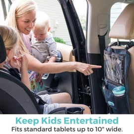 Toddleroo by North States Ont-the-Go Backseat Hanging Car Organizer with Insulated Cup Holder for Kids, Backseat Protector, 7 Storage Pockets with Tablet Holder, Navy