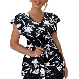 Fanuerg Women's Flowy Tankini Top Only Ruffle Sleeve Swim Bathing Suit Tops Modest Drawstring Swimsuit Top No Bottom Black White Floral S