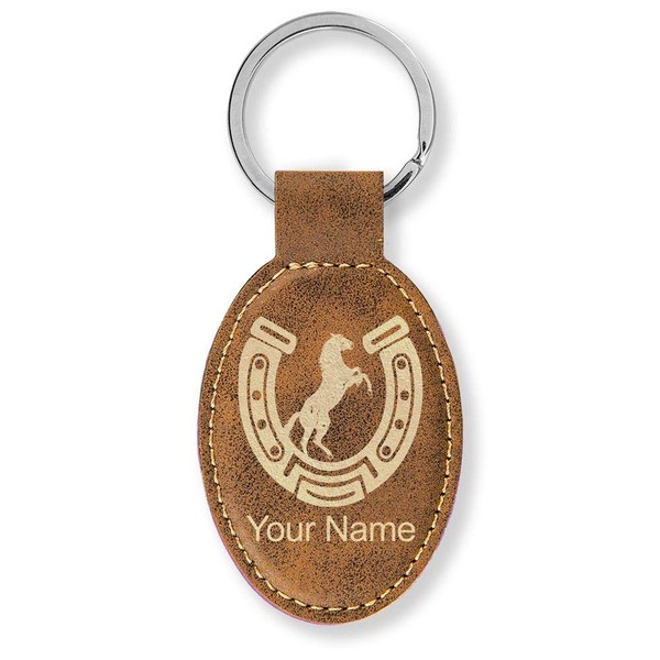 LaserGram Oval Keychain, Horseshoe with Horse, Personalized Engraving Included (Rustic