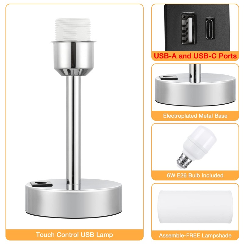 White Bedside Touch Table Lamps for Bedroom Nightstand with USB-C