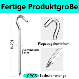 QZKJQDD Tent Pegs, Tent Pegs, Camping Pegs, Heavy Duty 18 cm Tent Pegs, Metal Tent Hooks, Aluminium, Ideal for Garden, Camping and Tents (10, Silver)