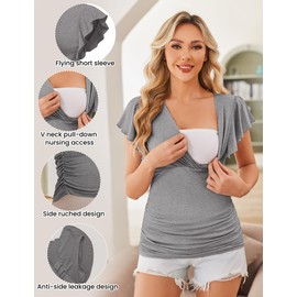 Ekouaer Maternity Nursing Tops 3 Packs Flying Short Sleeve Pregnancy T-Shirts V Neck Breastfeeding Shirts Lake Green/Black/Grey XXL
