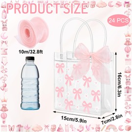 Whaline 24 Pcs Bow Coquette Clear PVC Gift Bags Pink Bowknot Daisy Flower Party Favor Bags with Handle Treat Tote Bags with Ribbon for Wedding Birthday Baby Shower