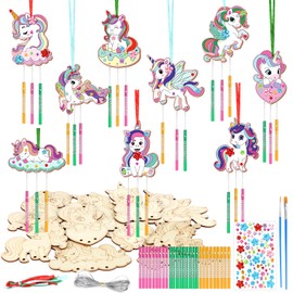 SRIZIAN 9Pcs Unicorn Wind Chimes Craft for Kids, Unfinished Wood to Paint DIY Blank Wood for Girls Boys Birthday Party Decoration