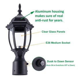 LIT-PaTH Dusk to Dawn Outdoor Post Lighting Fixture Pole Lantern, E26 Medium Base Max 60W, Aluminum Housing Plus Glass, Bulb Not Included (Black, 1-Pack)