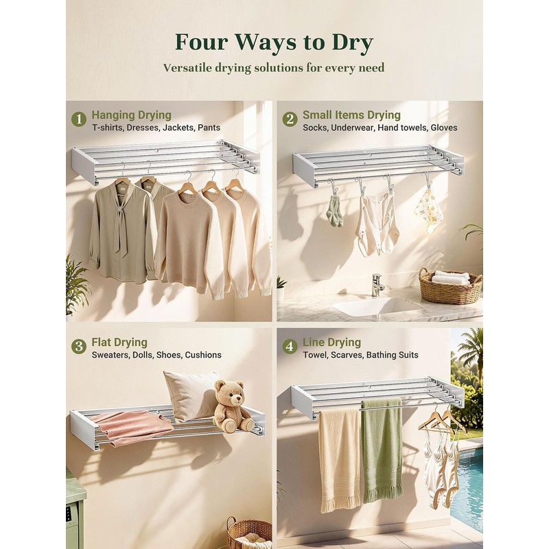 32'' Wall Mounted Clothes Drying Rack, Foldable & Collapsible Wall