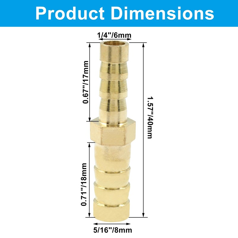 Rierdge 5 Pcs Brass Barb Fitting 8mm to 6mm Barbed