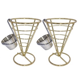 MIAO JIN 2Pcs French Fries Stand Cone Basket Fry Holder with Sauce Dippers Metal Cone Snack Fried Chicken Display Rack Wire Stands for Kitchen Restaurant Party Supplies (Gold)