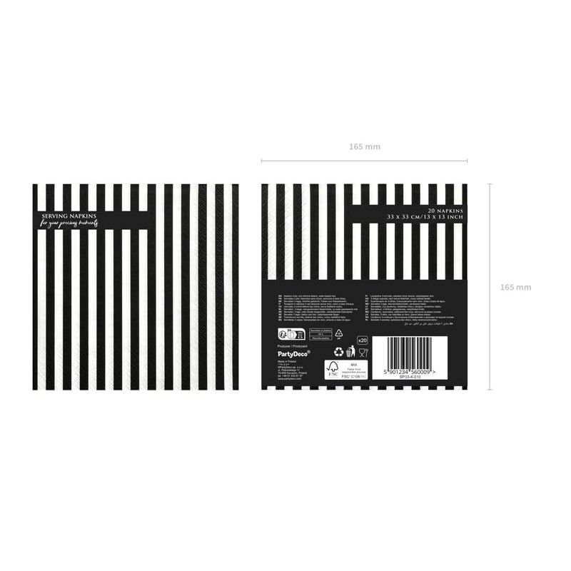 Striped Napkins, Black, 33 x 33 cm (Pack of 20)