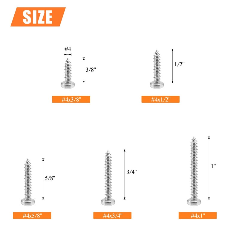 #4 x 3/8" 1/2" 5/8" 3/4" 1" Wood Screws Set,