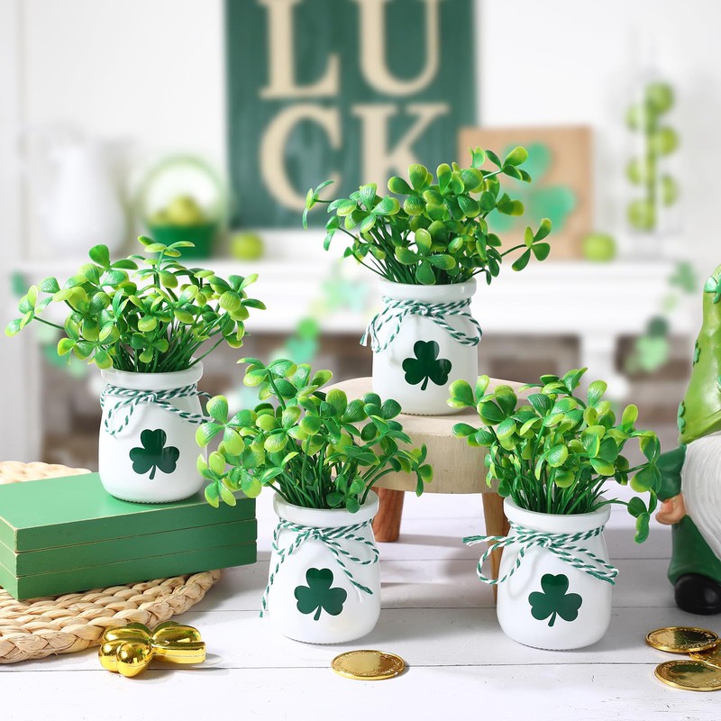 St Patricks Day Decorations-4pcs St.Patrick's Day Mini Jars with Artificial