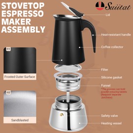 Suiitat Moka Pot, 6 Cups (10.6 oz) Stovetop Espresso Maker, 304 Stainless Steel Moka Pot, Induction Compatible, Black