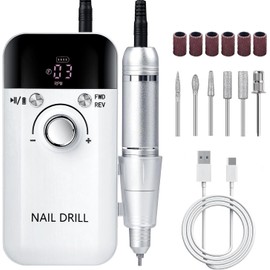 Pulidor de Uñas Profesional 45000 RPM,Taladro para Uñas Eléctrico de 3600 mAh,Potente Drill para Uñas,Con 6 Brocas para Metal, 6 Cabezales de Pulido, 5 Brocas y 1 Cepillo Nail Drill para Uñas(Blanco)