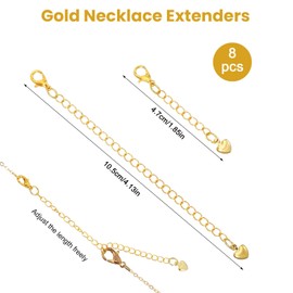 8 Pcs 18k Gold Chain Extenders for Necklaces, Bracelet, Women, Non Tarnish Fadeless Bracelet Chain Extenders Set, 2 Sizes Necklace Extender Gold Jewelry Extender