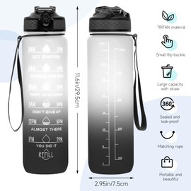 GHKLNY 32 oz Motivational Water Bottle with Time Marker,Water Bottles with Times to Drink and Straw with Carrying Strap,Perfect For Fitness Gym Outdoor,BPA Free (Black & White Gradient)