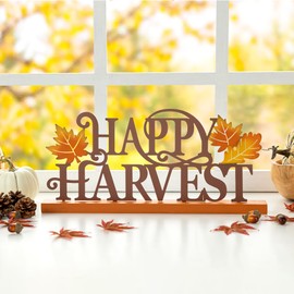 Glitzhome Wood Metal Happy Harvest Tabletop Word Sign, Fall Harvest Cutout Word Table Decor, Decorative Freestanding Fall Harvest Tabletop Decor, 18X 8.25 Inch Happy Fall Harvest Letters Sign