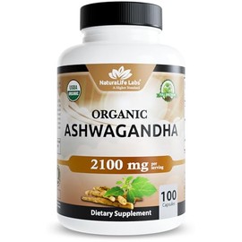 NaturaLife Labs Organic Ashwagandha 2100 mg per Serving – Full Spectrum Root Powder and Standardized Extract (Withanolides) – 100 Capsules – Vegan – N