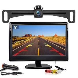 Kairiyard License Plate Backup Camera with 5in Monitor, 170 Degree Wide Angle DIY Grid Lines Waterproof Reverse Rear View Camera Systems for Truck Car Trailer SUV