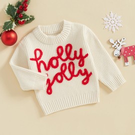 Baby Christmas Sweater Boy Girl Chunky Knit Long Sleeve Crewneck Embroidery Sweatshirt Toddler Pullover Tops (Holly Jolly-White, 12-18 Months)