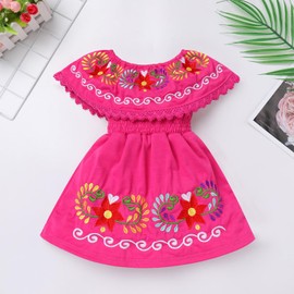 IBTOM Castle Mexican Dress for Girls Toddler Cinco de Mayo Dress Sleeveless Off-Shoulder Floral Embroidered Folklorico Traditional Mexican Costume Hot Pink 3-4 Years