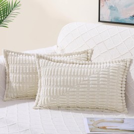 decorUhome Decorative Cream White Throw Pillow Covers 12x20 Set of 2 with Splicing, Boho Lumbar Soft Neutral Corduroy Broadside Twill Spring Pillow Covers for Couch Bed Sofa Living Room
