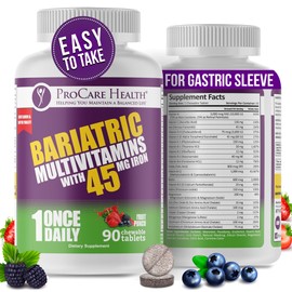 Procare Health Bariatric Multivitamin with Iron 45mg Chewable (90 Tablets) - Fruit Punch Flavor Bariatric Multivitamin Chewable Pills for Gastric Bypass & Sleeve Gastrectomy Patients (03 Month Supply)