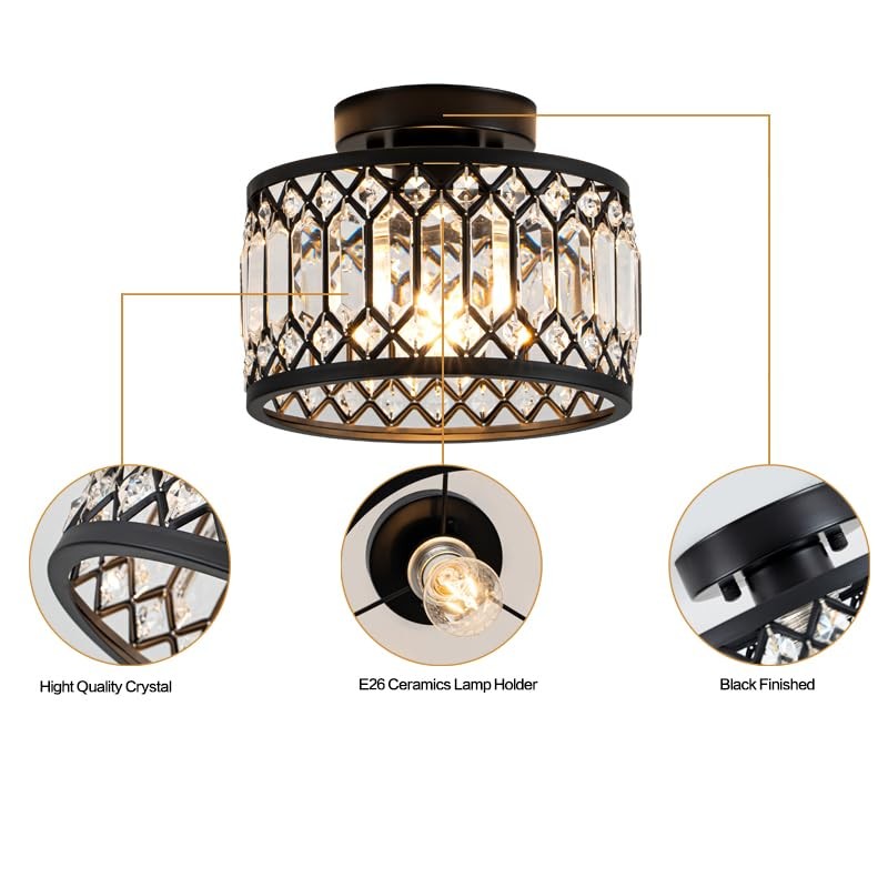 Crystal Ceiling Light, Black Flush Mount Ceiling Light Fixture, Flush