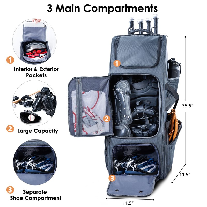 VIGEGARI Upgraded Rolling Baseball Bag with Sturdy Hard Backing -