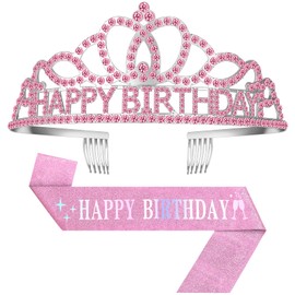Papoopy Birthday Tiara Crown with Sash for Adult Women, Birthday Sash for Party Decorations Pink