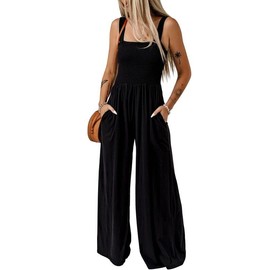 Dokotoo Womens Casual Loose Overalls One Piece Sleeveless Jumpsuits for Women Stretchy Wide Leg Long Pant Rompers Jumpsuit with Pockets Small Black