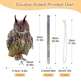 Kungfu Mall 4Pcs 5Pcs Fake Owl Hanging Owl, Bird Scare Reflective Hanging Decoration for Garden Patio, Plastic Owl Bird Deterrents with Reflective Tape to Scare Birds Away for Windows Tree