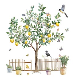 Condessacity Wall Sticker Tree Summer Green Stylish Lemon Tree Bird Butterfly Wall Sticker Large Leaves Wallpaper Removable Scandinavian Wall Paper Waterproof Wall Sticker Decoration Living Room