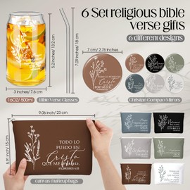 Fumete 6 Set Christian Mothers Day Gifts Religious Makeup Bag Bible Verse Glass Coffee Cup with Bamboo Lid Straw Mini Christian Compact Mirror Regalos Cristianos En Español for Church(Spanish)