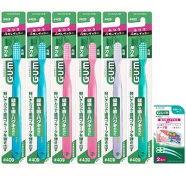 GUM(ガム) デンタル 歯ブラシ#409 [4列レギュラーヘッド ふつう 先細毛 ドームカット] 6本パック+おまけ付き まとめ買い ※色は選べません