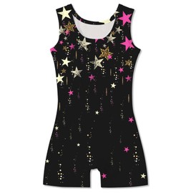 Idgreatim 7t 8t Girls, Little kid Star Gymnastic Leotard Sparkly Black Starry Biketards Unitard with Short Ballet Dance Dress Athletic Activewear Outfits 7-8T