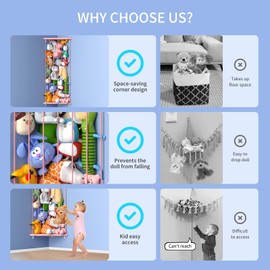 Corner Stuffed Animal Storage Plush Toy Organizer - Kids Room Stuffed Animal Holder with Length Adjustable - Large Plush Toys Wall Hanging Storage Shelf for Nursery Playroom Bedroom(Pink)