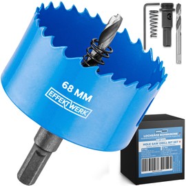 EffektWerk - Hole Saw Drill Bit - 68 mm - Includes 3 Pilot Drills, Allen Key and Drill Adapter - Perfect for Softwood and PVC