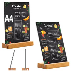 qhklew Table Stand, Pack of 2 Acrylic Table Stands with Wooden Base, Acrylic Photo Stand, Advertising Stand Display, Double-Sided Display Stand for Price Tags, for Restaurants, Cafes, Offices (A4)