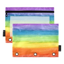 Colorful Stripe Rainbow Pencil Pouch for 3 Ring Binder Case Clear Window Stationery Bag for Organizers Office Daily College Supplies 2 Pack