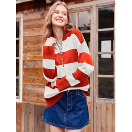 Yousify Turtle Neck Sweaters for Woman Lightweight Long Sleeve Winter Sweater Striped Ladies Tops Red L