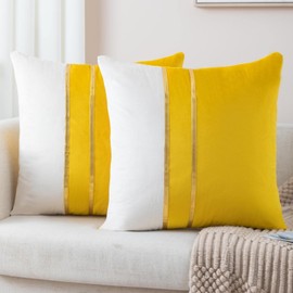 ZLINA Set of 2 Velvet Decorative Throw Pillow Covers Yellow White Patchwork with Gold Leather Pillow Covers 16 × 16 Inch Cushion Covers Decor Living Room Sofa Bedroom Car