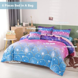 PERFEMET Pink Mermaid Comforter Set Full Size 6 Pieces Bed in A Bag Colorful Rainbow Bedding Set for Teens Girls 3D Sparkly Glitter Ombre Bed Set with Comforter and Sheets (Pink Mermaid, Full)